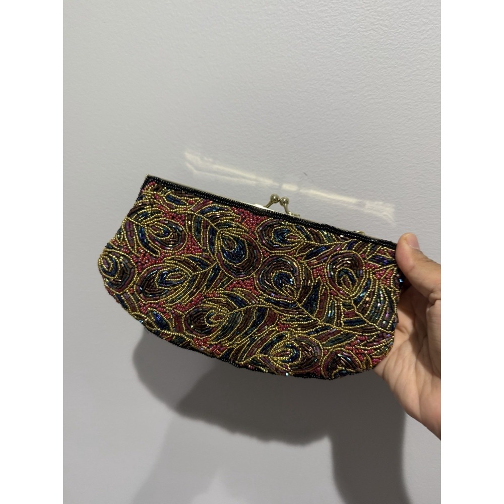Multi-color LaRegale Evening Purse Clutch Shoulder Strap Peacock Beaded M